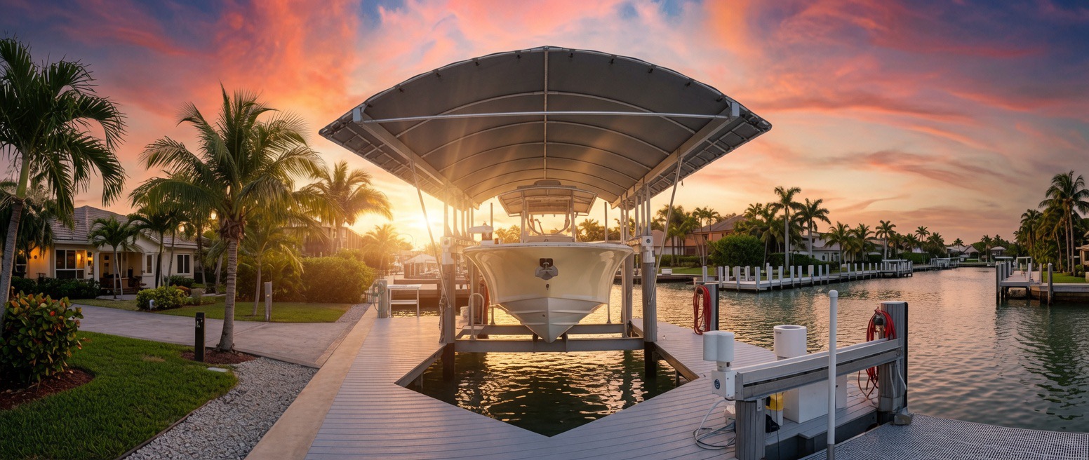 Boat lifted on a premium boat lift in an Everglades canal at sunset